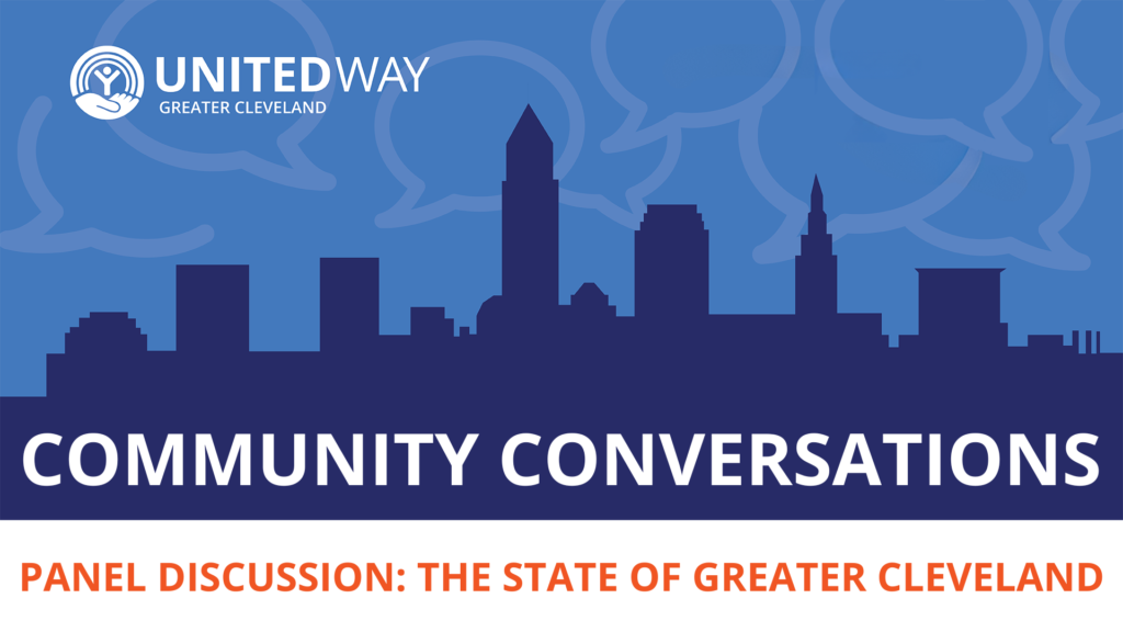 Cleveland skyline silhouette with Community Conversations logo superimposed