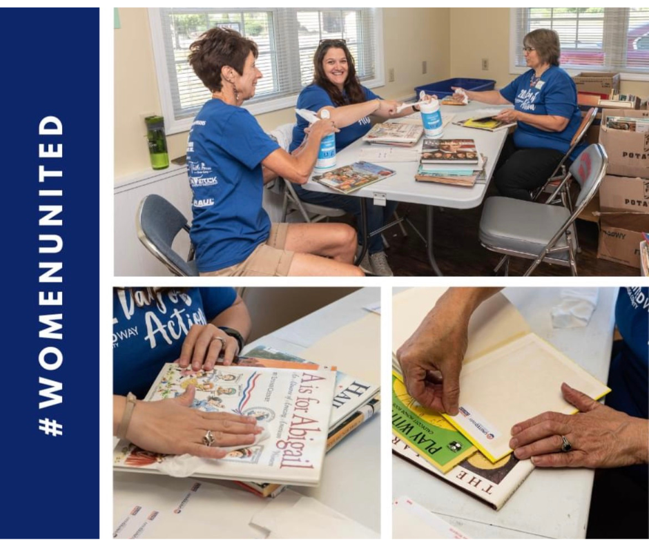 Women united volunteers sorting books