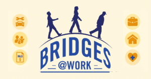 Three people walking over a bridge with the Bridges at Work logo underneath