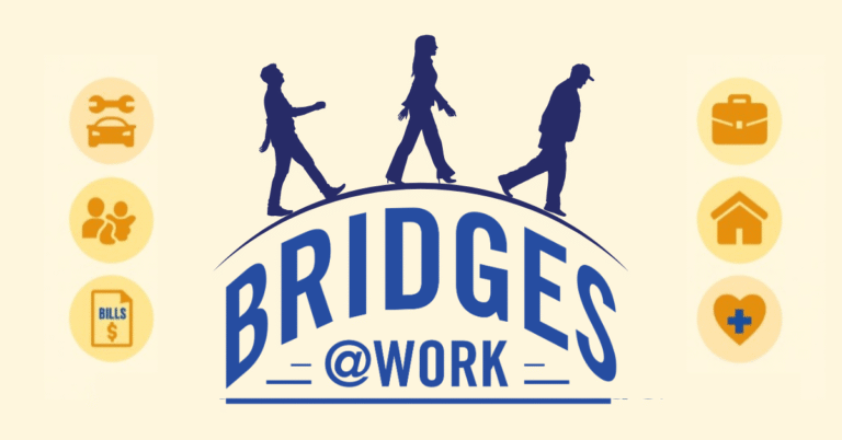 Three people walking over a bridge with the Bridges at Work logo underneath